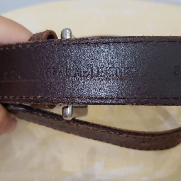Genuine Leather Belt Mens 38 Distressed Brown Silver Buckle - Picture 3 of 8